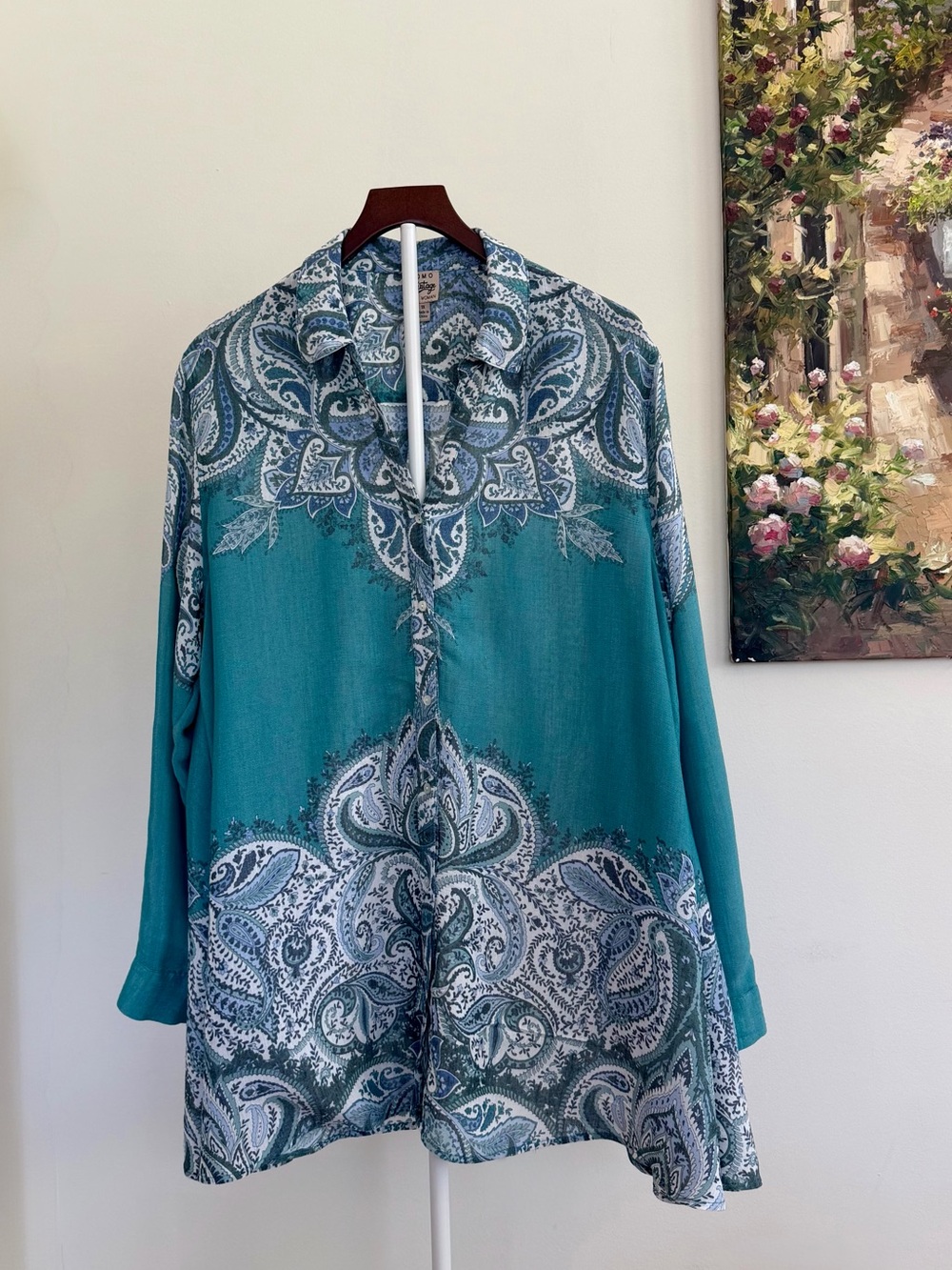 COMO Vintage Boho Paisley Tunic Top 3/4 Sleeve Flowy Blue Teal Green Size 1X
